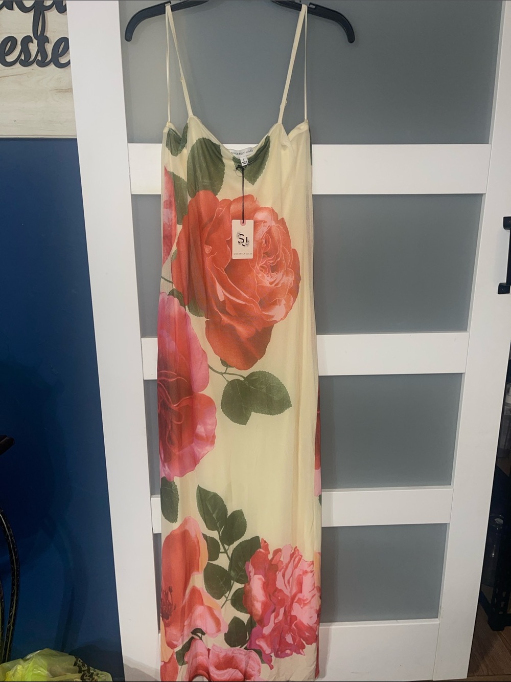 Sincerely Jules Cream Maxi Slip Dress with Red & Pink Rose Print